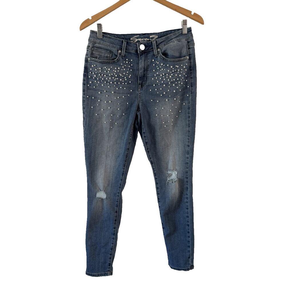 Seven 7 Women's Size 8 Mid Rise Skinny Pearl Embellished Distressed Denim Jeans